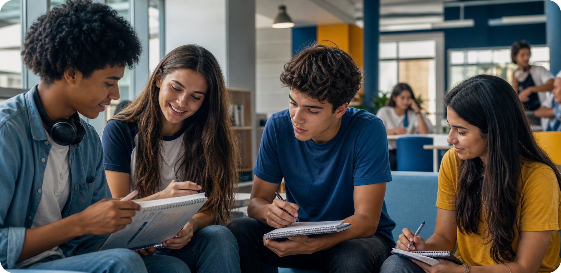 Estudantes do Ensino Médio estudando em grupo