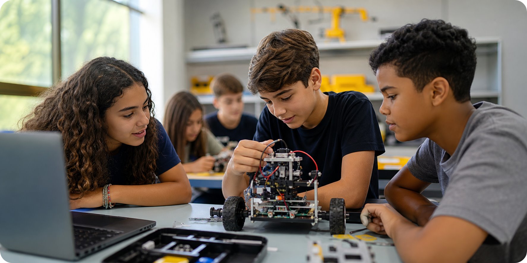 Alunos trabalhando juntos em um projeto de robótica